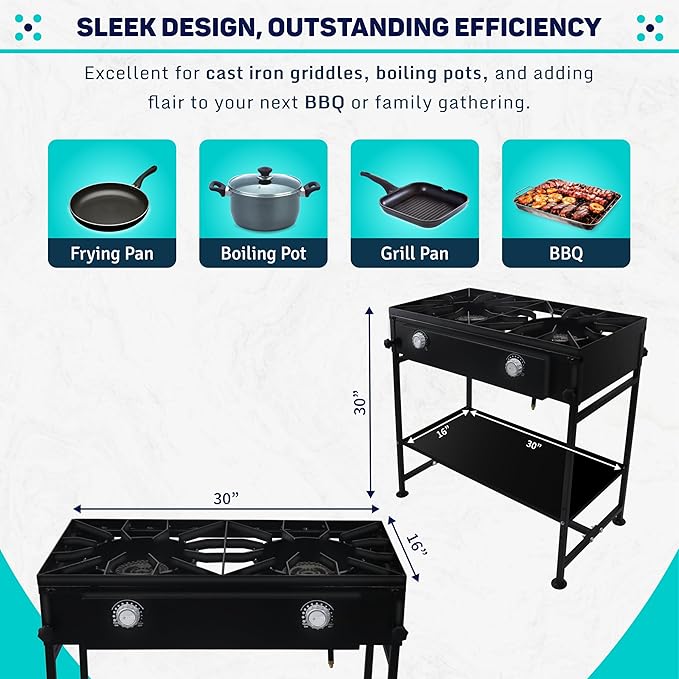 Double Burner Propane Stove Outdoor - 150,000 High btu 2 Burner Outdoor Stove W/Detachable legs & Bottom Shelf Double Propane Burners for Outdoor Cooking W/CSA-Approved 0-20 PSI Regulator & Hose