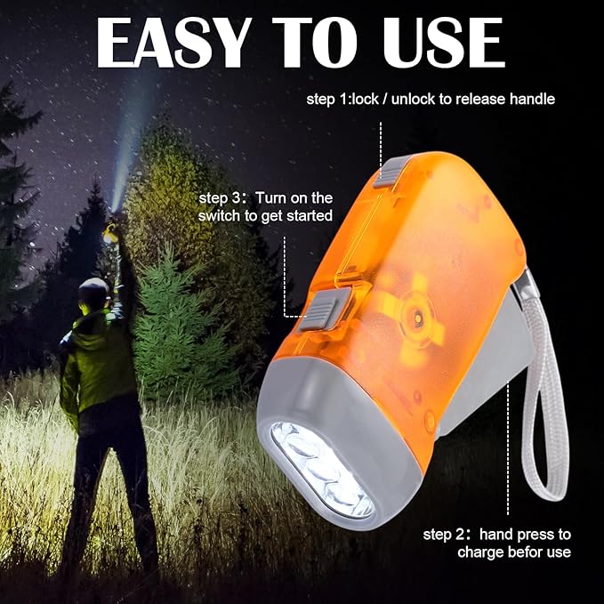 Leelosp 48 Pcs Hand Crank Flashlight No Battery Required Cranked Flashlight Manual Press Flash Light 3 LED Squeeze Light for Camping Hiking Power Outage Gift(Red Blue Purple Orange)