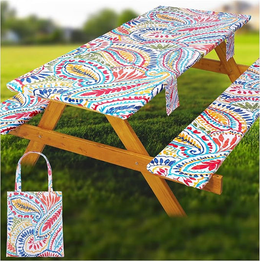 Fitted Picnic Table Cover with Bench Covers Waterproof Elastic Edges Rectangle Patio Tablecloth Outdoor Camping Essentials Stuff Rv Accessories Summer Trip Travel Supplies Party Camper Gifts, 8 ft