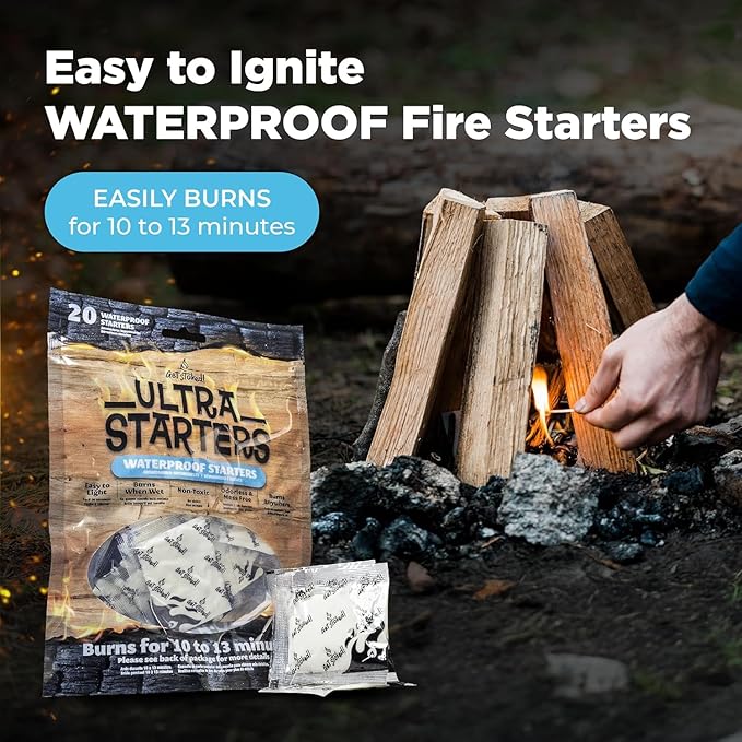 Waterproof Fire Starters for Indoor Fireplace, BBQ, Campfire, Wood Stove, Chimney, Fire Pit, Grill, Smoker, Bonfires, | (20-Pack Ultra Starters) Reliable Fire Igniters in Wet Weather, Get Stoked!