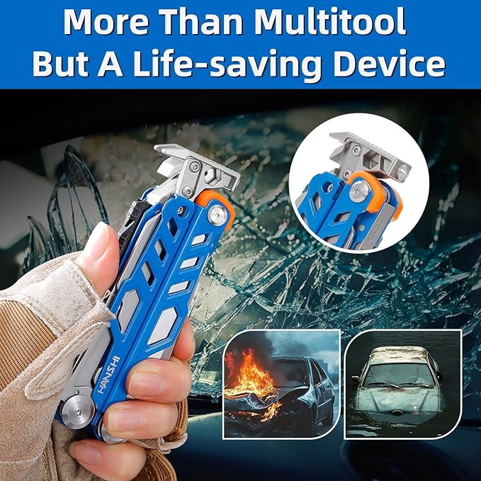 HANSHI Multitool Pliers, 22-in-1 YG10 Tungsten Steel Multi Tool with Scissors,Replaceable Wire Cutters, Flint, Window Breaker, Back Clip,Ideal for Camping, Survival and Gift(Blue)