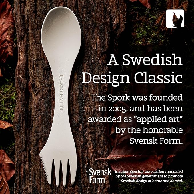 Light My Fire Spork Original 4-Pack 3-in-1 Camping Spoon Fork Knife Combo Reusable Travel & Camping Utensils Lunch Spork Outdoor Backpacking Hiking Picnic Utensil BPA Free, Cream