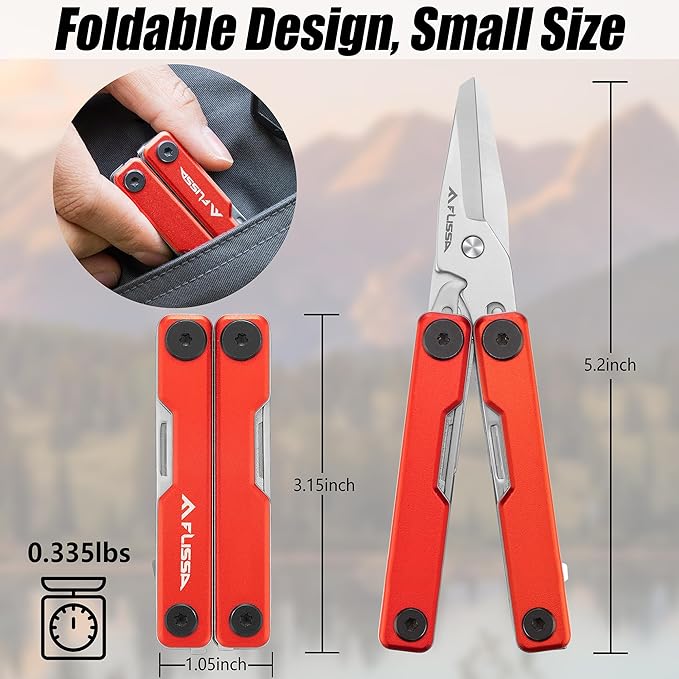 FLISSA Multitool Scissors, 11-in-1 Multi Tool Pocket Knife, Stainless Steel Mini Multitool with Bottle Opener, Screwdriver, Aluminum Handles, Spring - EDC for Outdoor, Camping, Hiking, Fishing, Red