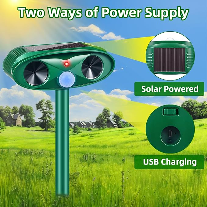 2025 Upgraded Solar Ultrasonic Animal Repeller Outdoor Cat Repellent Deer Repellent Devices with USB Charge, Animal Deterrent Device for Rabbit Raccoon Dog Squirrel Rodent Skunk for Yard Garden,4 Pcs