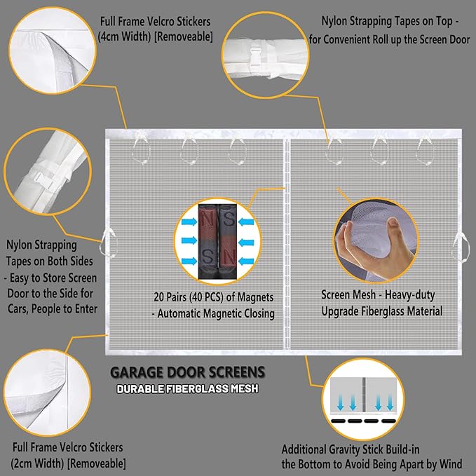 Magnetic Garage Door Screen Kit 16x8 FT White - Retractable Mesh Net Screen Door with Fiberglass Mesh for 2 Car Garage 16x8ft, Blocks Bugs & Provides Privacy - Perfect for Workshop Gym Patio
