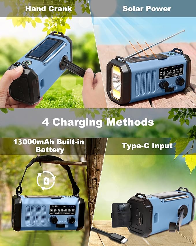 13000mAh Emergency Radio with NOAA Weather Alert, Portable Solar Hand Crank AM/FM Radio for Survival, Rechargeable Battery Powered, USB Charger, Flashlight, Reading Lamp, for Home Outdoor