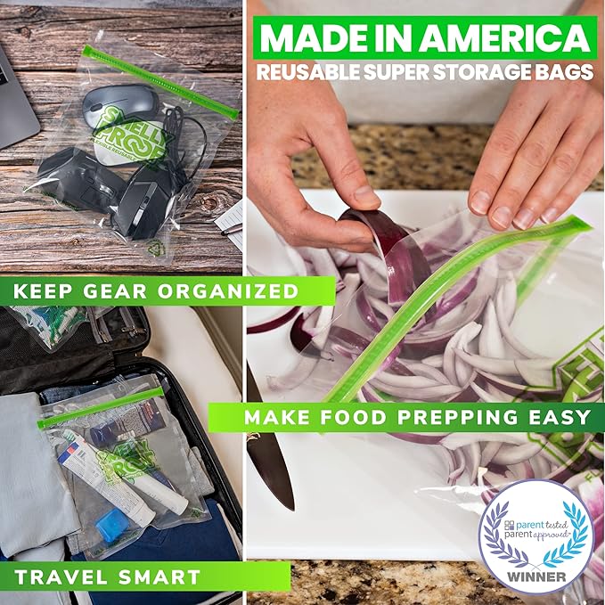 Smelly Proof Reusable Food Storage Bags Designed & MFG, USA MADE, Dishwasher-Safe, Easy-To-Clean, BPA FREE, NO PEVA, Clear FLAT Large 3-mil Thick, 8.5" x 10", Quart Size Ziplock Bags, 10-Pack