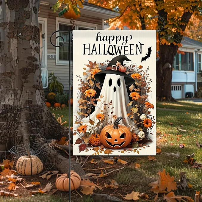 Happy Halloween Garden Flag 12X18 Inch Double Side, Ghost Yard flag,Pumpkin Jack O Lantern Outside Small Garden Flag,Outdoor Flag for Holiday Patio Courtyard Lawn Decoration