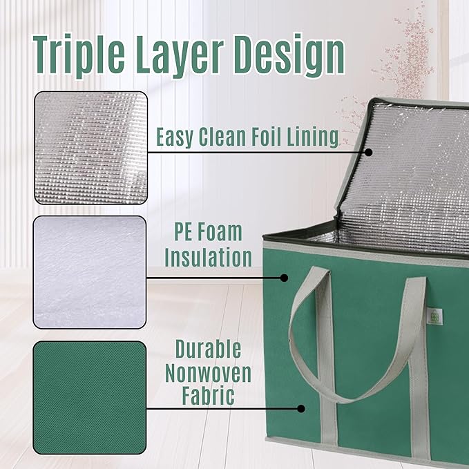 VENO 2 Pack Cooler Bag and Insulated Grocery Bags for Food Delivery, Collapsible Cooler, Reusable Shopping Bags for Groceries with Zipper, Foldable, Heavy-Duty, Stands Upright (Green, 2 Pack)