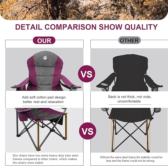 Northroad Oversized Portable Camping Chair, Full Padded Outdoor Folding Chair Support 350 LBS, Heavy Duty Lawn Chair with Cup Holder, Cooler Bag, Lumbar Support, Head Pocket for Adult (Purple)