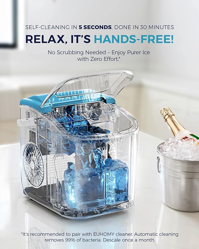 EUHOMY Countertop Ice Maker Machine with Handle, 26lbs Per Day, 9 Ice Cubes Ready in 6 Mins, Auto-Cleaning Portable Ice Maker with Basket and Scoop, for Home/Kitchen/Camping/RV (Blue)