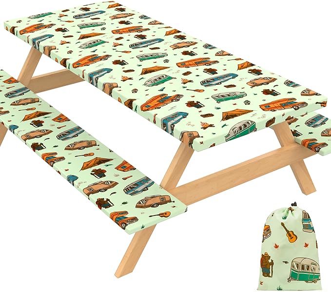 72 X 30 Inch Elastic Fitted Camping Table Cover with Bench Covers & Storage Bag, Picnic Tablecloth, Fits 6ft Picnic Tables, Polyester, Washable, Spill Resistant, Waterproof - Vintage