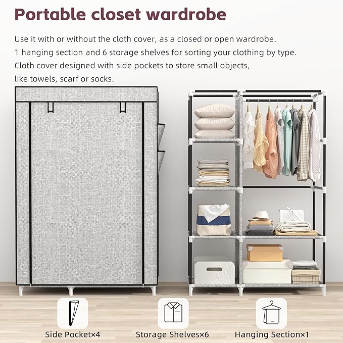 Calmootey Portable Closet Organizers, Clothing Storage, Wardrobe with 6 Shelves and Hanging Rod, Non-Woven Fabric Cover with 4 Side Pockets, Ash Grey