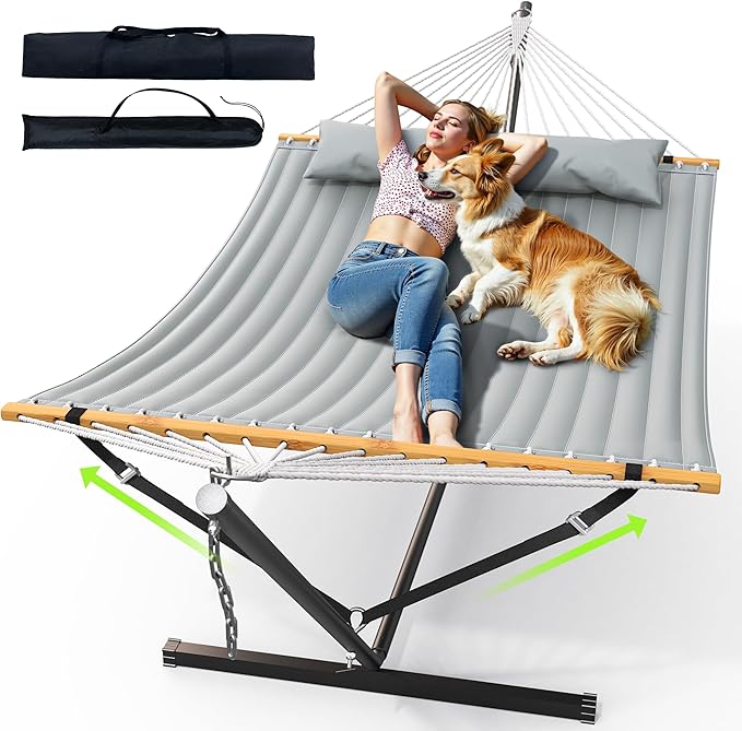 Double Hammock with Stand for Outdoor, Heavy Duty Portable Hammock with Adjustable Steel Stand for Patio, Garden, Beach, Backyard - Includes Carrying Bag,Dark Grey