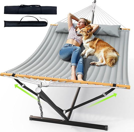 Double Hammock with Stand for Outdoor, Heavy Duty Portable Hammock with Adjustable Steel Stand for Patio, Garden, Beach, Backyard - Includes Carrying Bag,Dark Grey