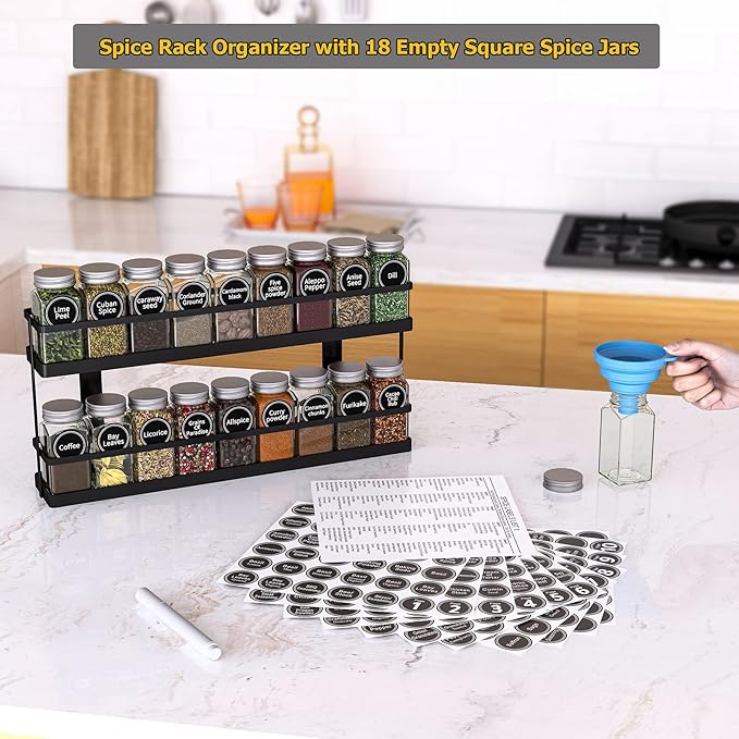 New England Stories Spice Rack Organizer with 18 Empty Square Spice Jars, 386 Spice Labels with Chalk Marker and Funnel Complete Set, for Countertop, Wall Mount or Cabinet Pantry Door, Black