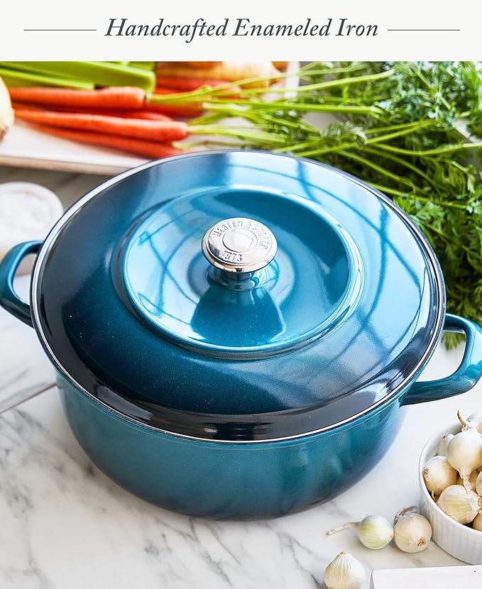 Merten & Storck 7QT Round Dutch Oven Casserole Pot with Lid, European Crafted Enameled Iron Stockpot, Induction & All Cooktops, Braising, Stews, Roasting, Slow Cooking, Sourdough, Aegean Teal
