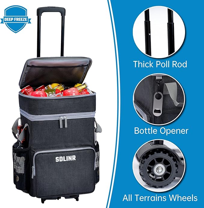 72-Can Large Rolling Cooler, Leakproof Insulated Soft Cooler Bag with Wheels and Handle Collapsible for Beach Camping Patio Travel Outdoor