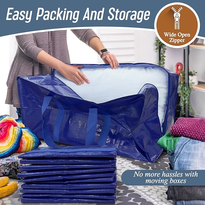 6 Pack Extra Heavy Duty Large Moving Bags with Strong Zipper & Comfortable Handles, Sturdy & Durable Clothes Storage Bags Totes Bins, Packing Moving Boxes for College Supplies, Blue