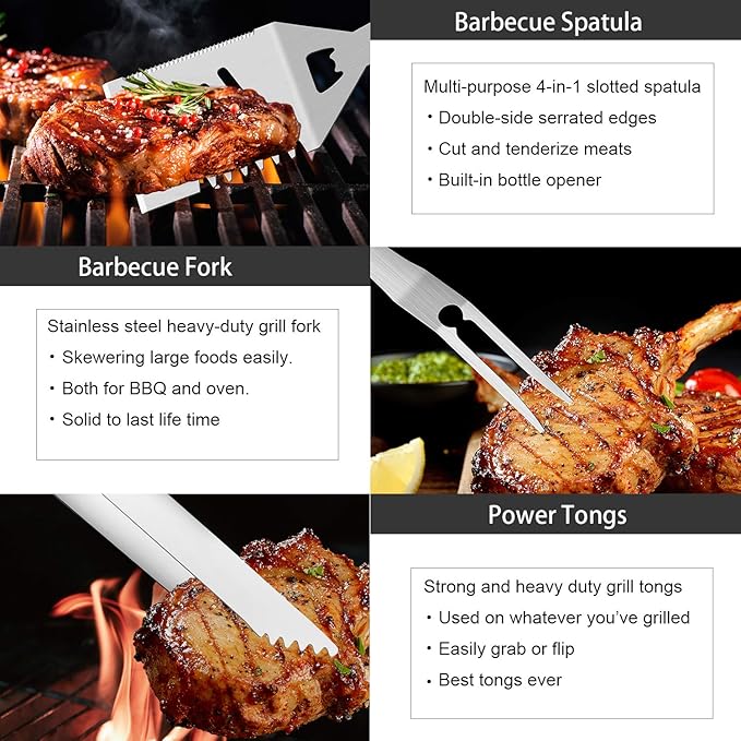 ROMANTICIST 30pcs BBQ Grill Tool Set for Men Dad, Heavy Duty Stainless Steel Grill Utensils Set, Non-Slip Grilling Accessories Kit with Thermometer, Mats in Aluminum Case for Fathers Day Brown