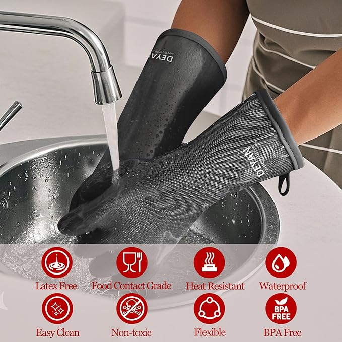 DEYAN Silicone BBQ & Oven Gloves - Food Grade, Heat Resistant Waterproof & Oil Proof Gloves for Grilling, Baking, Frying, Cooking - Long Sleeve & Non-Slip Grip, 1 Pair(Black, 10/XL)