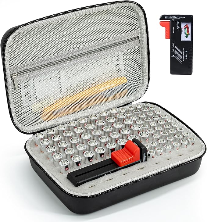 Battery Organizer Storage Case with Tester for AA AAA Button Battery Holder Carrying 3 Batteries Variety Pack 88 Batteries Zipper Mesh Bag (Batteries Not Included)