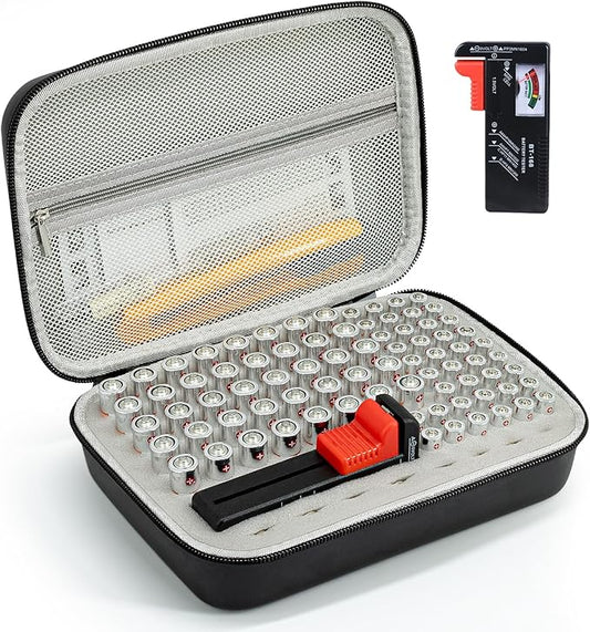 Battery Organizer Storage Case with Tester for AA AAA Button Battery Holder Carrying 3 Batteries Variety Pack 88 Batteries Zipper Mesh Bag (Batteries Not Included)