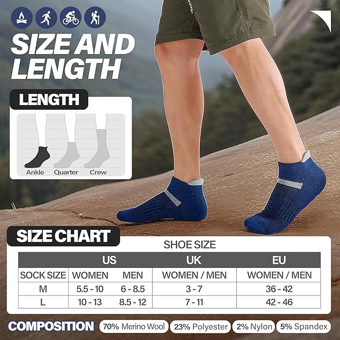 6 Pairs Merino Wool Ankle Running Hiking Socks Compression Support Breathable Thick Cushion No Show Socks for Women Men