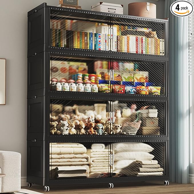 320GAL Extra Large Stackable Storage Bins with Lid, 1280QT Plastic Closet Organizer and Storage Cabinet with Wheels and Doors, Folding Storage Box Container for Home Organization, 4Pack Black