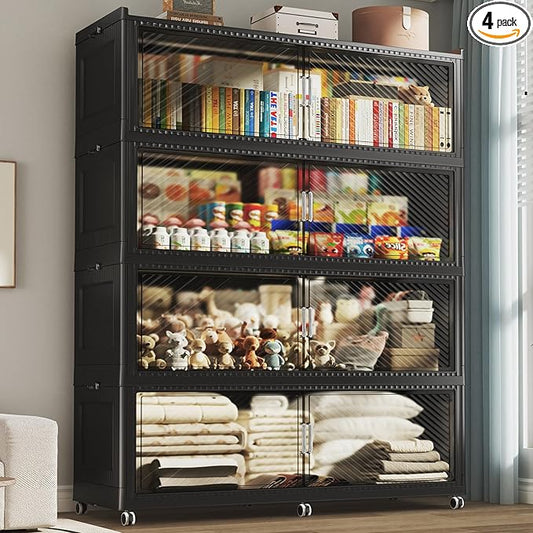 320GAL Extra Large Stackable Storage Bins with Lid, 1280QT Plastic Closet Organizer and Storage Cabinet with Wheels and Doors, Folding Storage Box Container for Home Organization, 4Pack Black