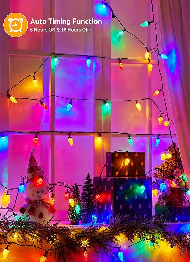 C9 LED Christmas Lights Outdoor, 81 Feet 100 LED String Lights with Timer & 8 Lighting Mode, Waterproof Commercial Grade Christmas Tree Lights for Outside Indoor Roofline Patio, Multicolor 2 Pack