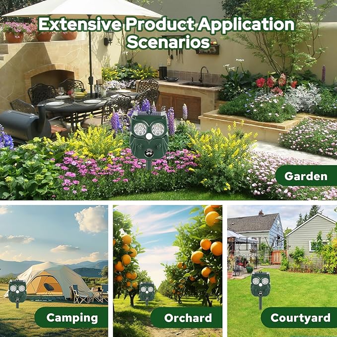 [2025 Upgrade] Solar Animal Repellent Outdoor for Deer Squirrel Mole Rabbit Cat Skunk Bird Raccoon Dog, Waterproof Ultrasonic Pest Repeller with Motion Detector and LED for Yard Lawns Garden 1 Pack