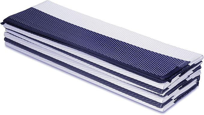 FH Home Outdoor Camping Rug - Waterproof, Fade Resistant, Reversible - Premium Recycled Plastic - Striped - Large Patio, Deck, Sunroom, RV - Brittany Stripe - Blue & White - 9 x 12 ft Foldable