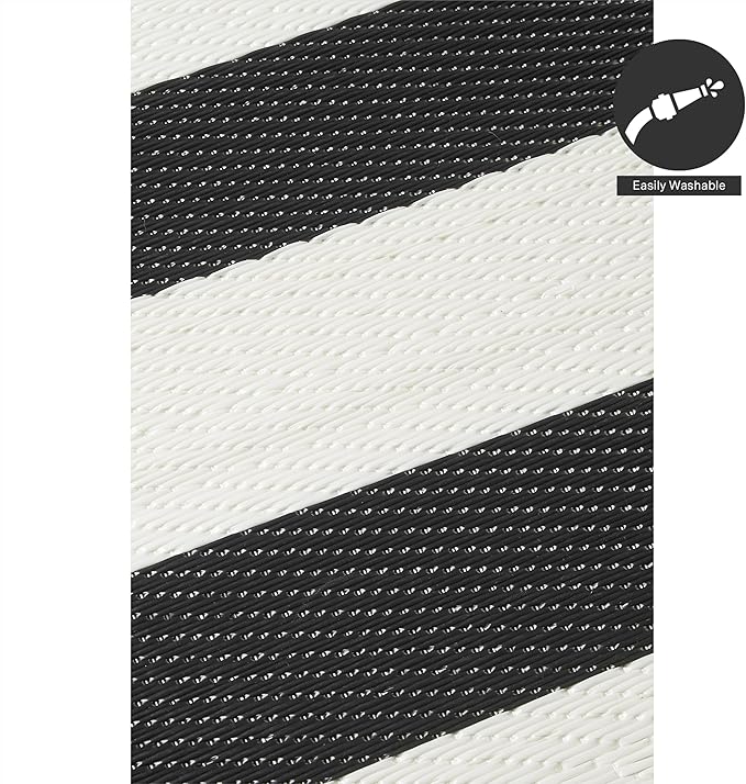 FH Home Outdoor Rug - Waterproof, Fade Resistant, Reversible - Premium Recycled Plastic - Striped - Patio, Deck, Porch, Balcony, Laundry Room - Brittany Stripe - Black & White Crease Free - 4 x 6 ft