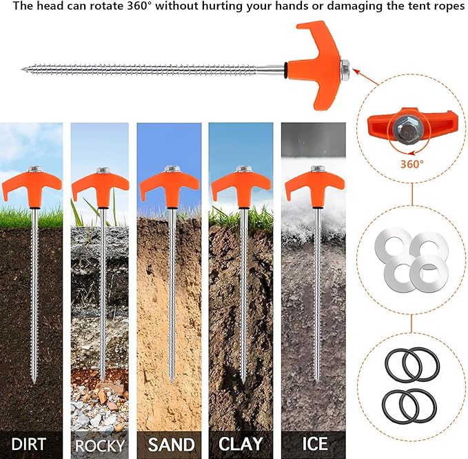 8" Tent Stakes Heavy Duty 12 Pack, Screw in Tent Stakes, Metal Threaded Camping Stakes, Ground Anchors for Canopies, Gardening and Inflatable Decor, with Storage Box and Hex Socket