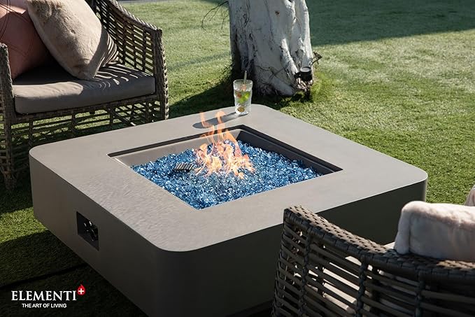 Elementi+ | Lucerne Gas Fire Pit Cast Concrete 42" Square Fire Table, Outdoor Fire Pit Electronic Ignition | Canvas Cover, Fire Glass and Burner Lid Included | Light Gray | Propane Gas