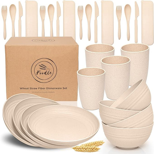 FOODLE Wheat Straw Dinnerware Set - BPA Free & Safety Tested - Unbreakable, Microwave & Dishwasher Safe Dishes - Picnic, RV, Dorm, Camping Plates Cups and Bowls - Great for Kids & Adults - For 4