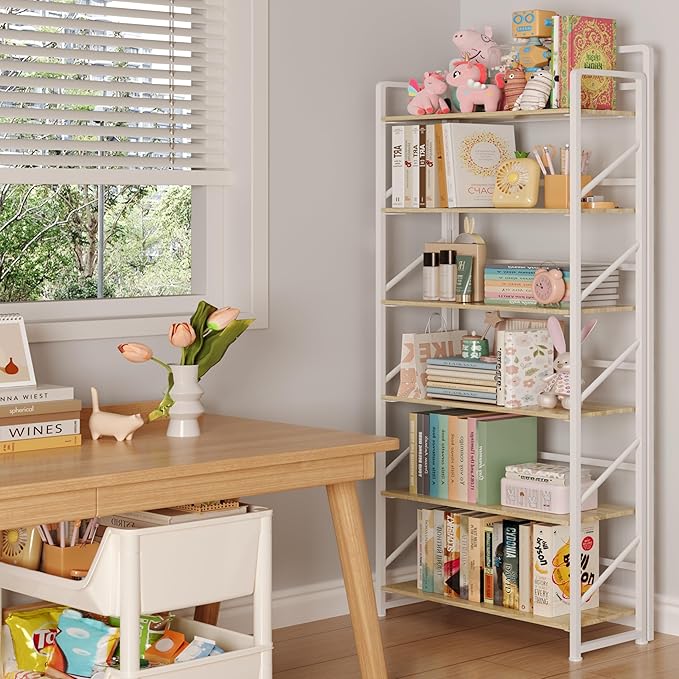 JSB No Assembly Folding Bookshelf, 6 Tier Industrial Metal Book Shelf for Storage, Vintage Wood Foldable Bookcase for Living Room, Bedroom, Office Organization Shelves