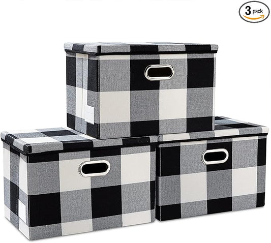 PRANDOM Large Collapsible Storage Bins with Lids [3-Pack] Fabric Foldable Storage Boxes Organizer Containers Baskets Cube with Cover for Home Bedroom Closet Office Black and White (17.7x11.8x11.8)