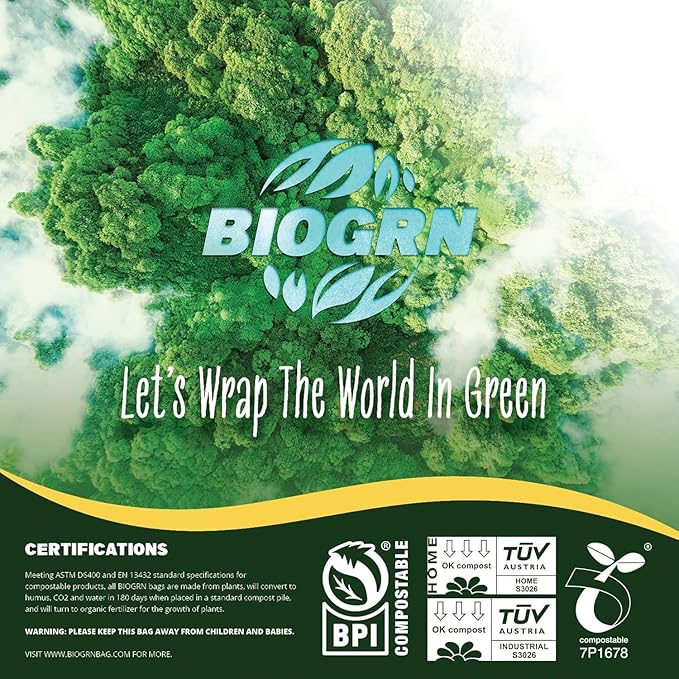 10-13 Gallon Compostable Trash Bags with Flat-Top 50 Bags Thick 0.87 Mil, 49.21 Liter, Tall Kitchen Food Scrap Waste Compost Bag, ASTM D6400, US BPI and OK Compost Home Certified