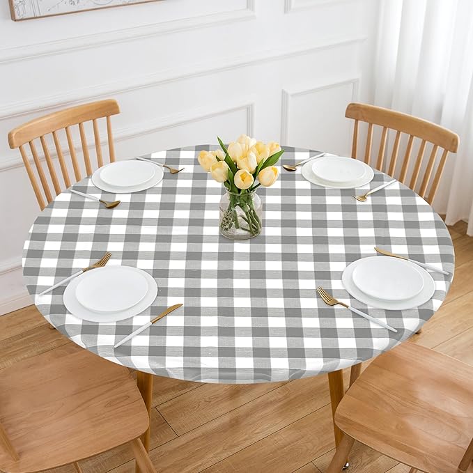 Fitable Round Vinyl Fitted Table Cover - 2 Pack Waterproof Checkered Elastic Edged Tablecloth Flannel Backed Table Cloth for Picnic Party, Silver/White (Fit for 45"-56" Round Tables)