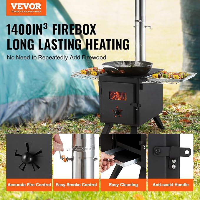 VEVOR Camping Wood Stove Alloy Steel Camping Tent Stove, Portable Wood Burning Stove with Chimney Pipes & Gloves, 1400in³Firebox Hot Tent Stove for Outdoor Cooking and Heating with 8 Pipes