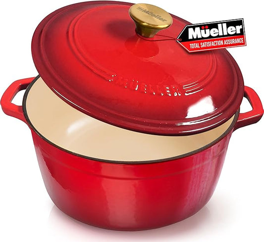 MÜELLERHOME 7.5 QT Enameled Cast Iron Dutch Oven, Heavy-Duty Casserole Dish and Braiser Pan with Lid and Stainless Knob, Oven-Safe up to 500° F & Across All Cooktops, Red