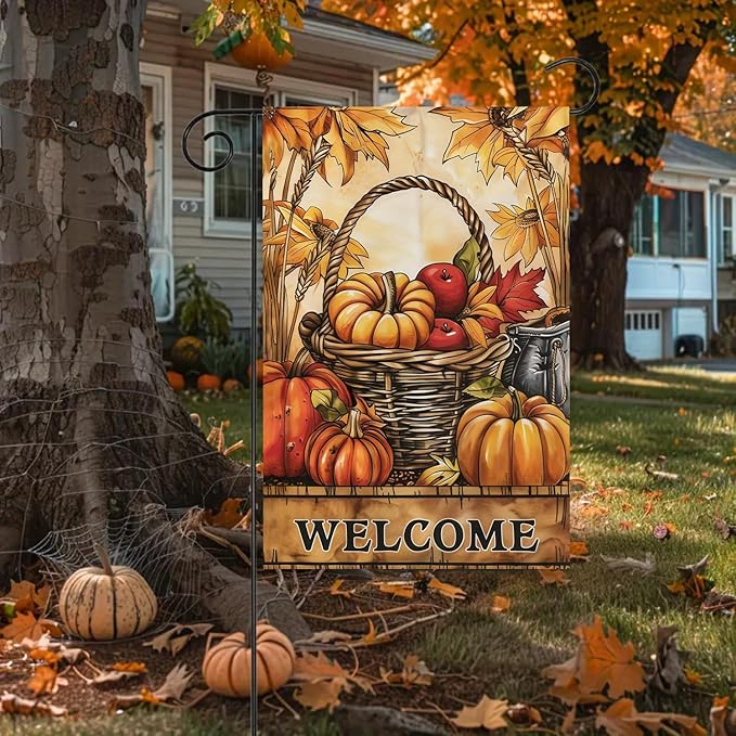 Garden Flag 12X18 Inch Double Side,Pumpkin Fall Yard Flag, Welcome Small Garden Flag,Outdoor Fall Flag for Holiday Outside Patio Decoration