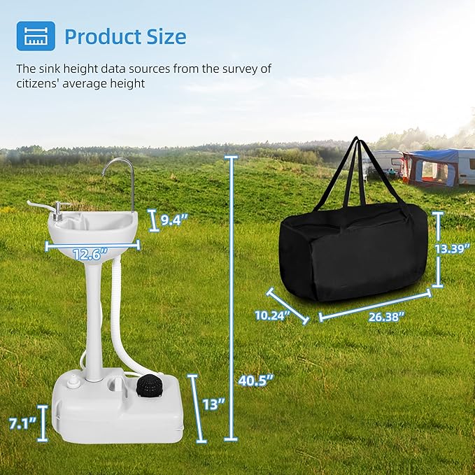 YITAHOME Portable Sink Camping Hand Washing Station with 17 L Wash Basin Stand and Carry Bag, Rolling Wheels, Soap Dispenser, Towel Holder, for Outdoor, Travel, Boat, Gather, Garden, Worksite