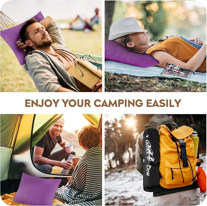 Small Shredded Memory Foam Pillow, Camping Pillow Travel Pillow - Compressible Medium Firm, Breathable Cover, Ideal Backpacking Hiking, Airplane and Car (Purple, M)