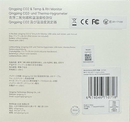 Qingping CO2 Monitor Thermometer Hygrometer, Remote Monitoring via Qingping IoT, Temperature and Humidity Monitor for Different Scenarios, Fast Alert Notification, Rechargeable Battrey