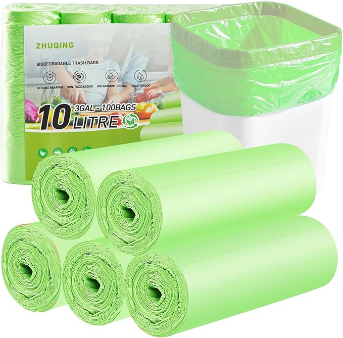 Zhuqing 3 Gallon Trash Bags, 10L Biodegradable Garbage Bags, 100 Counts Compost Wastebasket Liners Bags for Kitchen Bathroom Office, Green