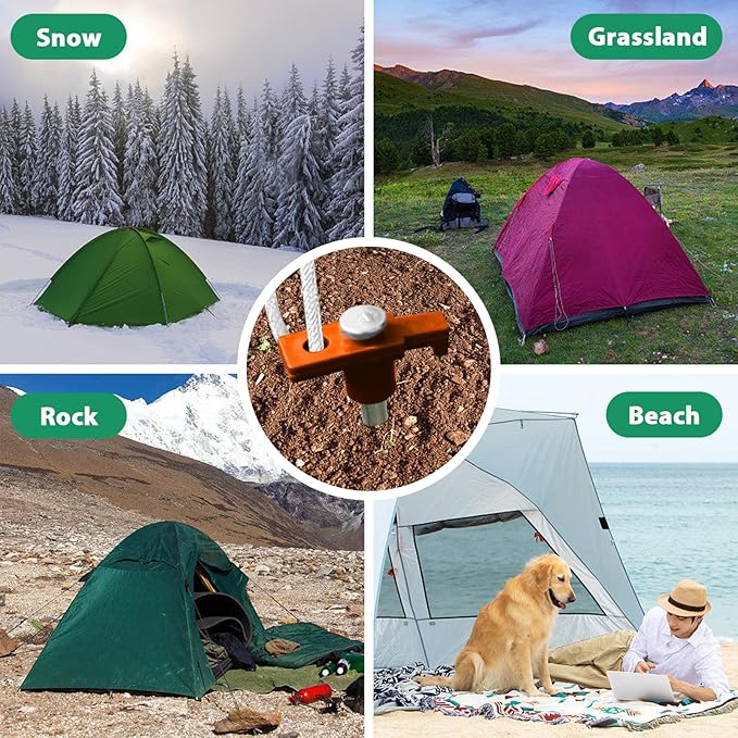 Eurmax USA Galvanized Non-Rust Camping Family Tent Pop Up Tent Stakes Canopy Anchors Heavy Duty 10pc-Pack, with 4x10ft Ropes & 1 Orange Stopper