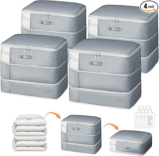 DIMJ Comforter Storage Bag - 110L Ultra Space Saving Self Compression Organize 4 Pack for Duvet, Pillow, Bedding, Blanket Storage Organizer Nylon Compression Bags
